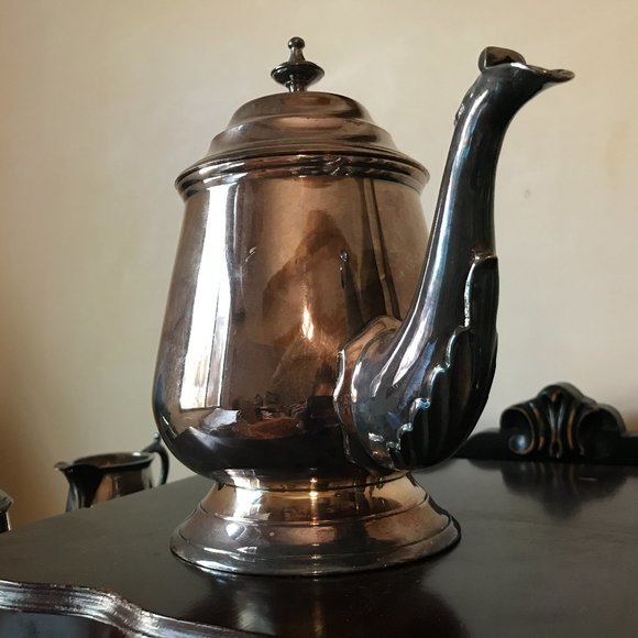 Antique Patinated Pure Silver Plated 5 Pc Tea Set w/ Black Wood Handle - Picture 8 of 15